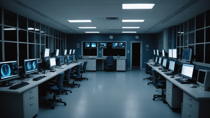 Radiologist at a workstation reviewing scans in a low-lit reading room